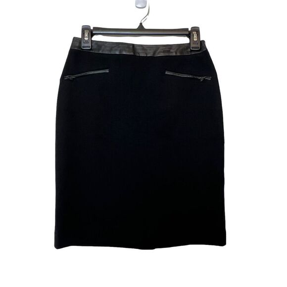 Talbots Petites Black Mini Pencil Skirt 2P Leather Trim - Picture 1 of 6